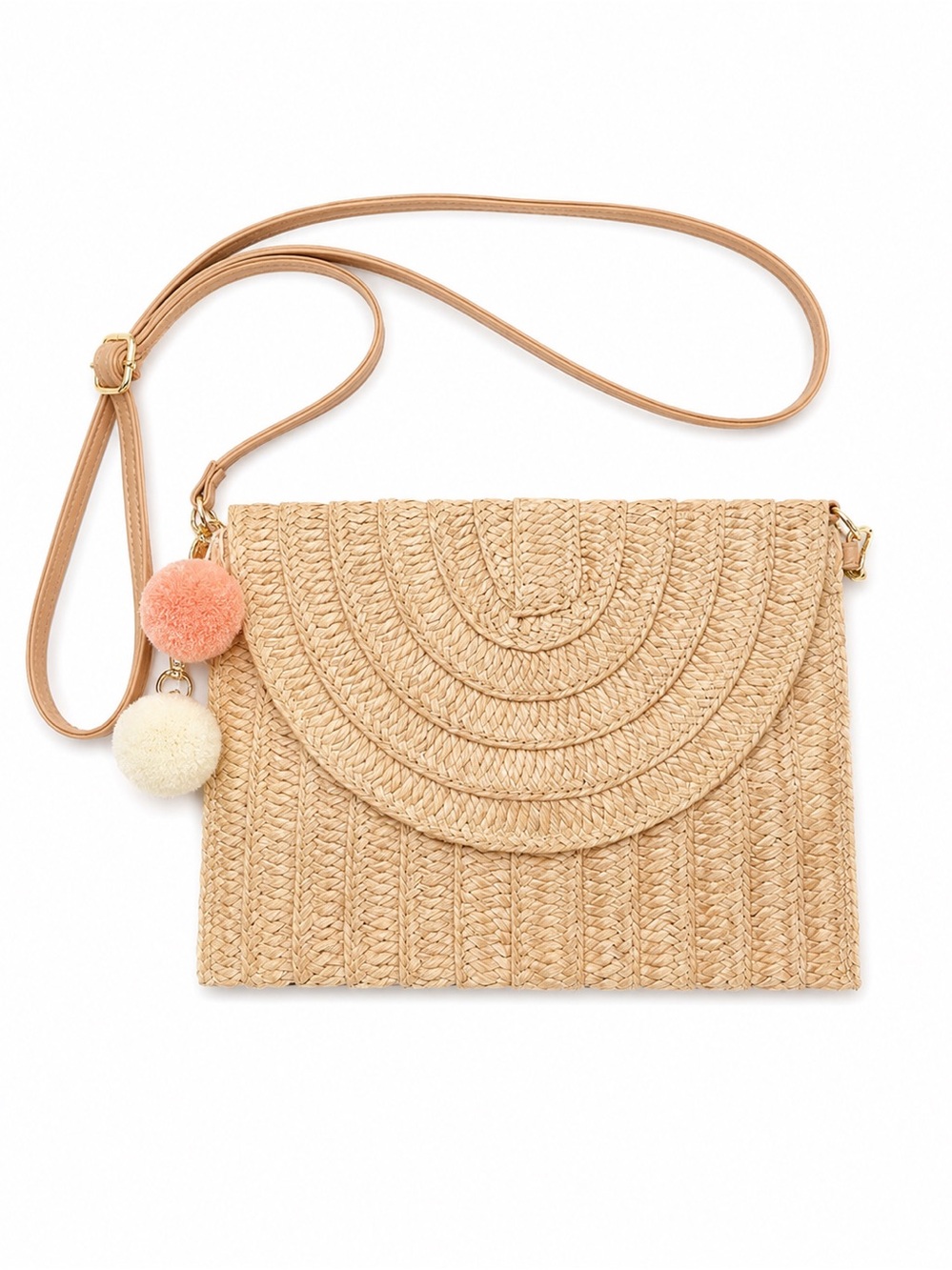 Beige Straw Crossbody Bag with Pom Pom Charm